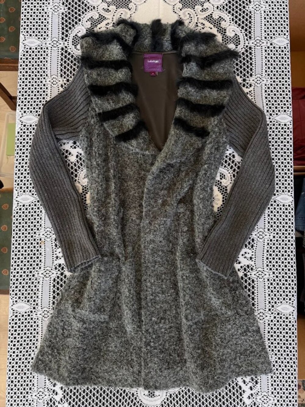 Fur Collar Long Cardigan Grey - Size S